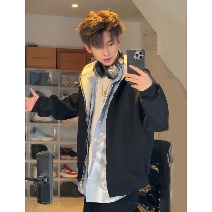 450G重磅拼色开衫卫衣男女同款连帽宽松休闲外套百搭运动情侣长袖