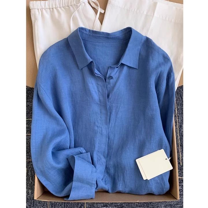 蓝色亚麻老钱风衬衫女夏法式休闲高级感衬衣薄款宽松长袖防晒上衣