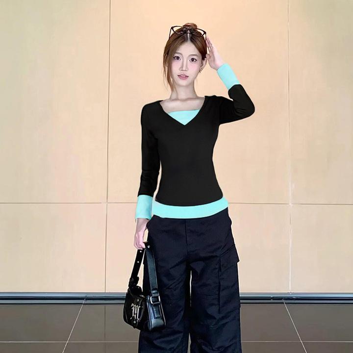 长袖v领正肩t恤女秋冬天内搭打底衫假两件上衣早秋季韩系流行穿搭