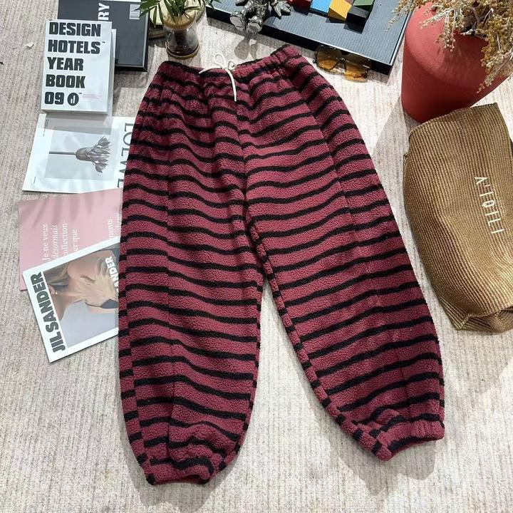 2025秋冬新款百搭休闲宽松加绒加厚条纹束脚裤5387