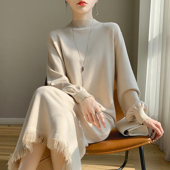 法式设计感流苏针织毛衣裙女2025新款半高领直筒保暖长袖连衣裙潮