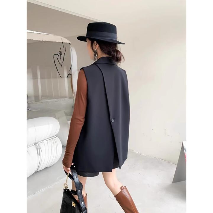 2025欧货洋气后背一粒扣西服马夹女春秋中长款设计感西装马甲外套