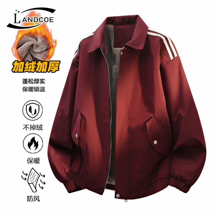 秋冬季节美式复古新款夹克加绒加厚翻领休闲宽松男士时尚保暖外套