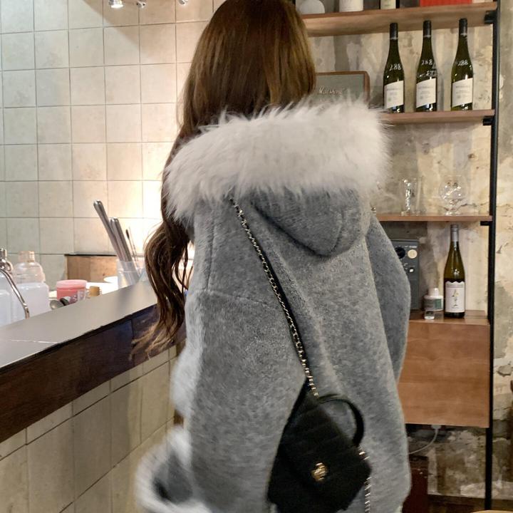 韩系灰色连帽毛领针织开衫女早秋慵懒高级感独特漂亮宽松毛衣外套