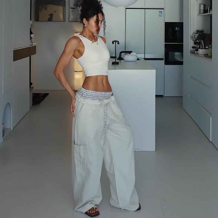 【休闲】宽松格子辣妹夏季短款背心女高腰显瘦直筒阔腿休闲裤裤子