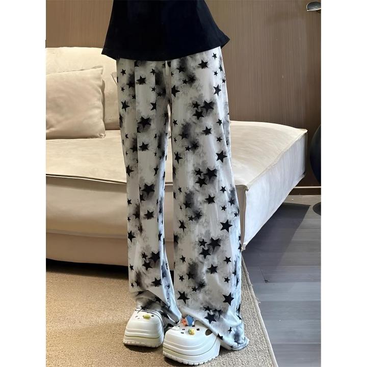 胖MM大码冰丝星星扎染阔腿裤女夏薄款高腰宽松显瘦垂感凉凉休闲裤