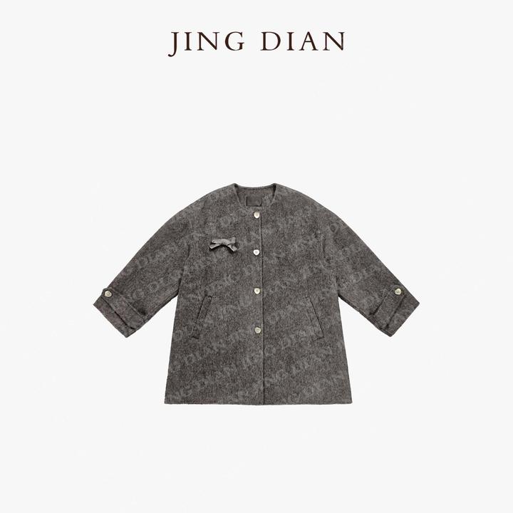 【JING DIAN】深灰色羊毛骆驼绒简约小蝴蝶结大衣2005