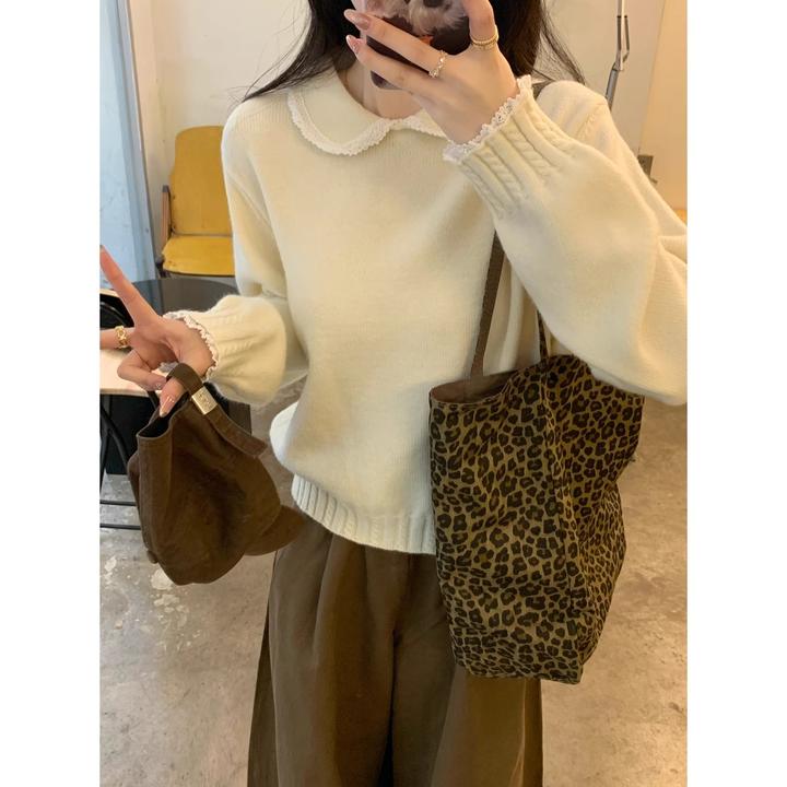 2024秋冬新款韩版蕾丝边娃娃领减龄北极绒针织衫打底衫长袖毛衣