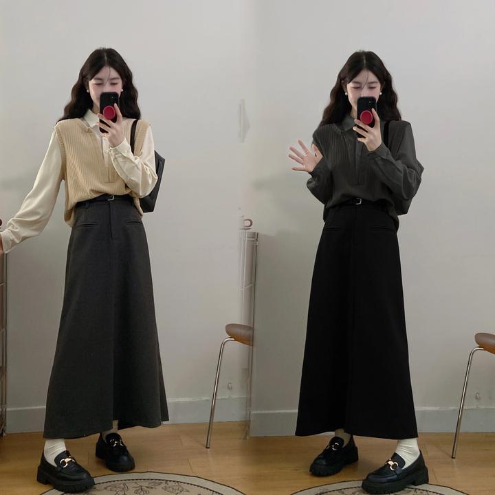 大码气质韩版休闲套装女秋季假两件针织上衣胖MM高腰半身裙两件套