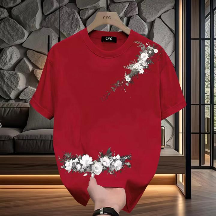 2025夏季新款潮流宽松休闲百搭圆领印花图案红色短袖T恤男士ins