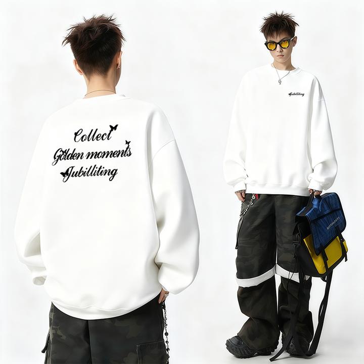 休闲圆领卫衣男款秋冬季加绒白色内搭上衣青少年潮牌潮流无帽外套