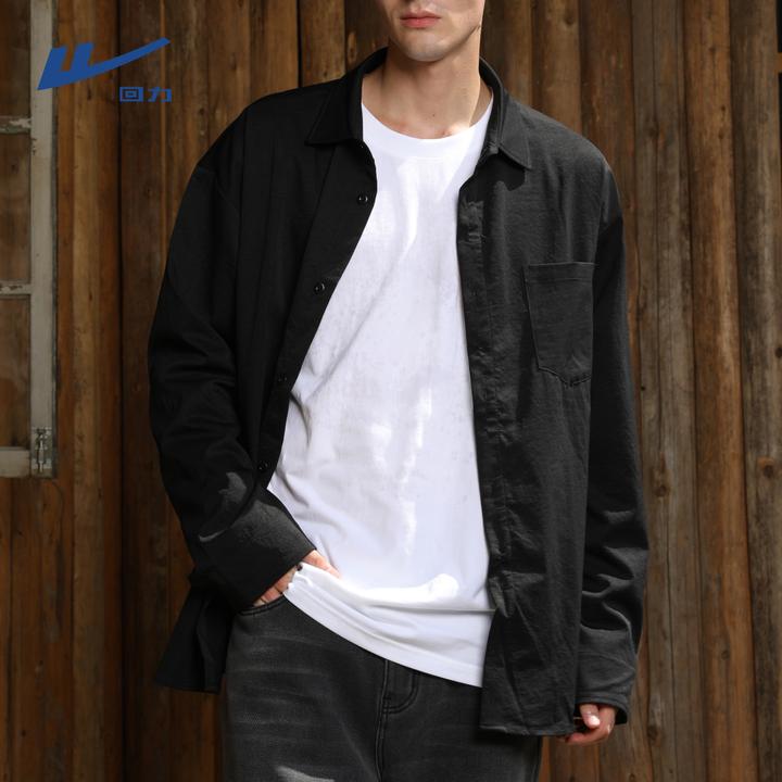 回力黑色衬衫男长袖宽松高级垂感痞帅休闲情侣黑衬衣男士春秋外套