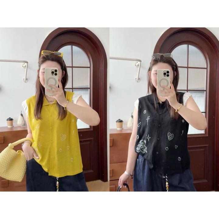 晶咕佳佳【清爽北冰洋】翻领可爱图案冰麻上衣蕾丝可爱气质休闲百搭