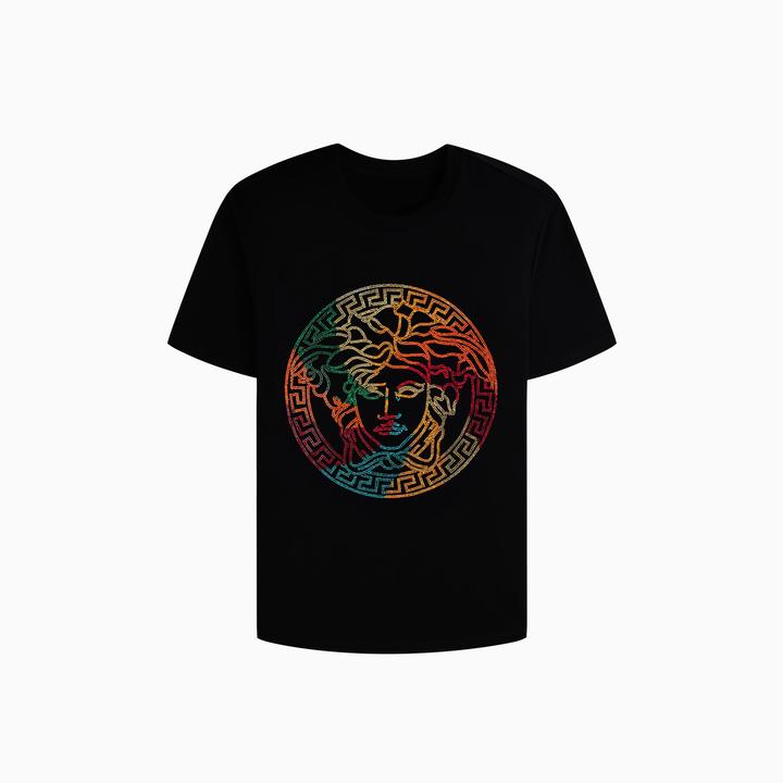 Wipha夏季新款轻奢男士短袖烫钻T恤时尚宽松百搭圆领镶钻男款黑色