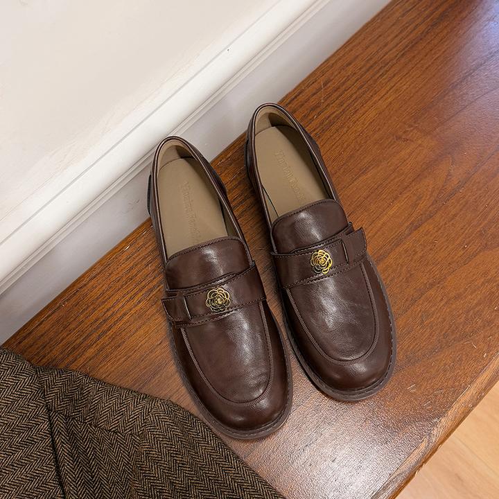 【专柜版】新款爆款英伦风百搭小众气质粗跟柔软真皮乐福休闲鞋女鞋