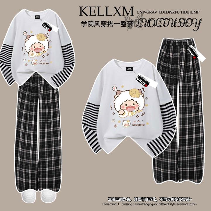 女童可爱懒羊羊印花春秋新款拼接长袖t恤格子裤套装宽松两件套潮