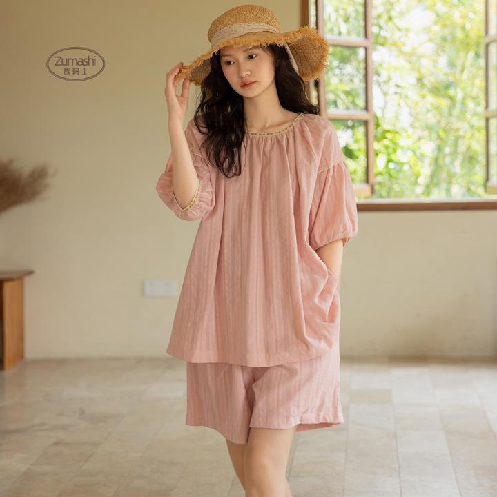 族玛士睡衣女士2025新款夏季夏天纯棉短袖短裤家居服粉色韩版套装