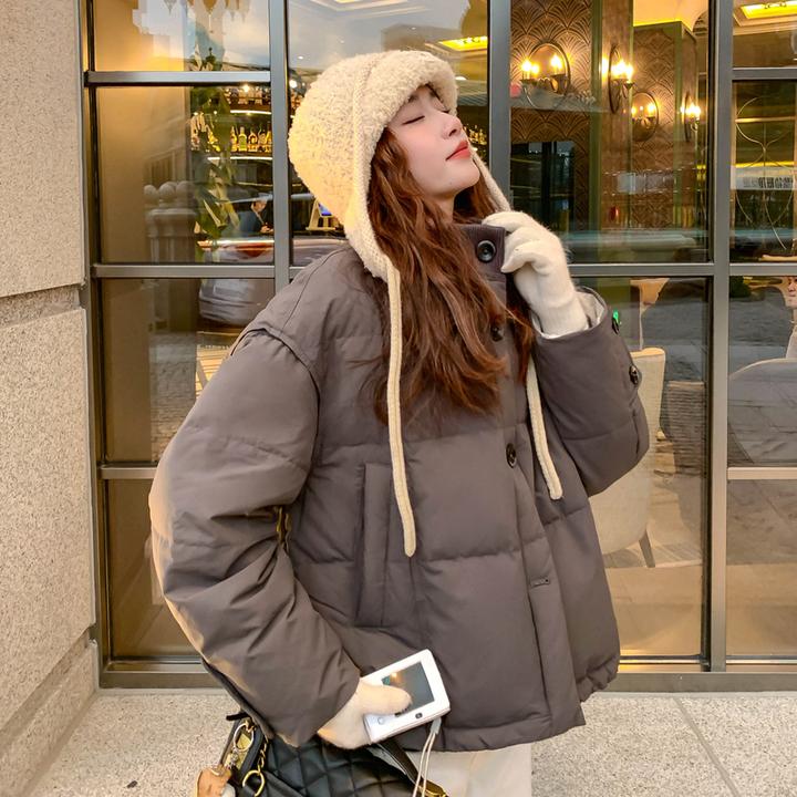咖色设计款针织防风立领棉服外套女2025冬季新款短款加厚保暖棉衣