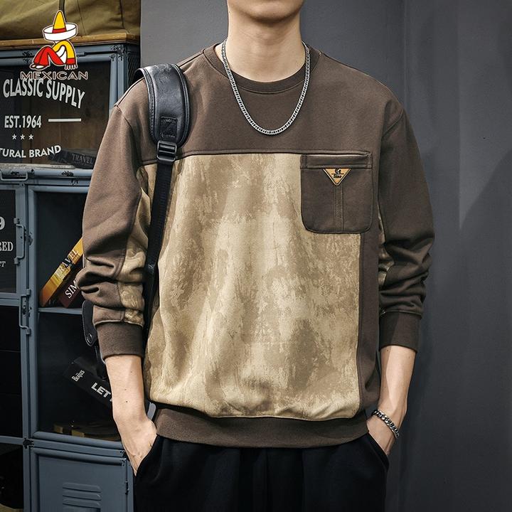 Mexican/稻草人春季麂皮绒圆领卫衣男款宽松大码休闲撞色百搭上衣