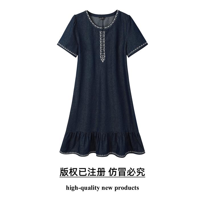 【奢姿】大码女装2025夏季减龄荷叶摆连衣裙胖妹妹圆领时尚牛仔裙子