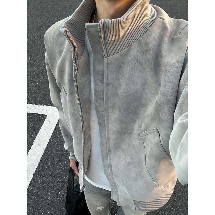 美式立领扎染PU皮衣外套男秋季短款棒球服高级感cleanfit飞行夹克