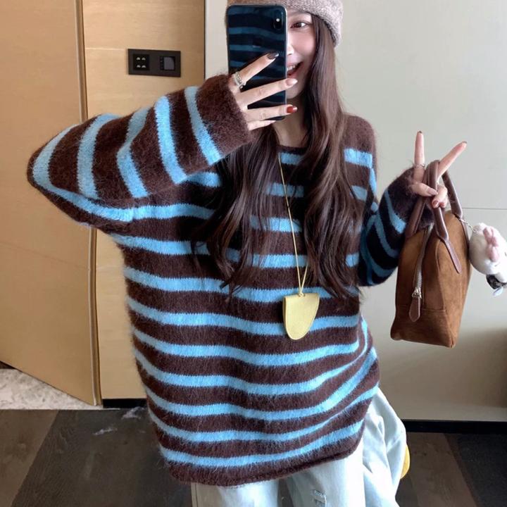 【运补5】条纹一字领撞色毛衣慵懒风大版套头上衣
