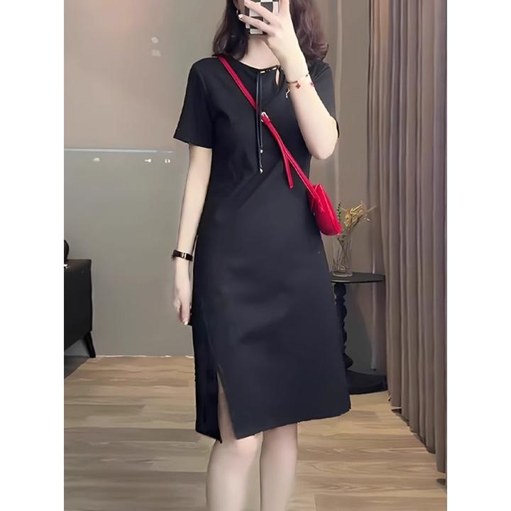 国风新款大码连衣裙2025夏款女装气质黑色简约高级感盘扣短袖开叉