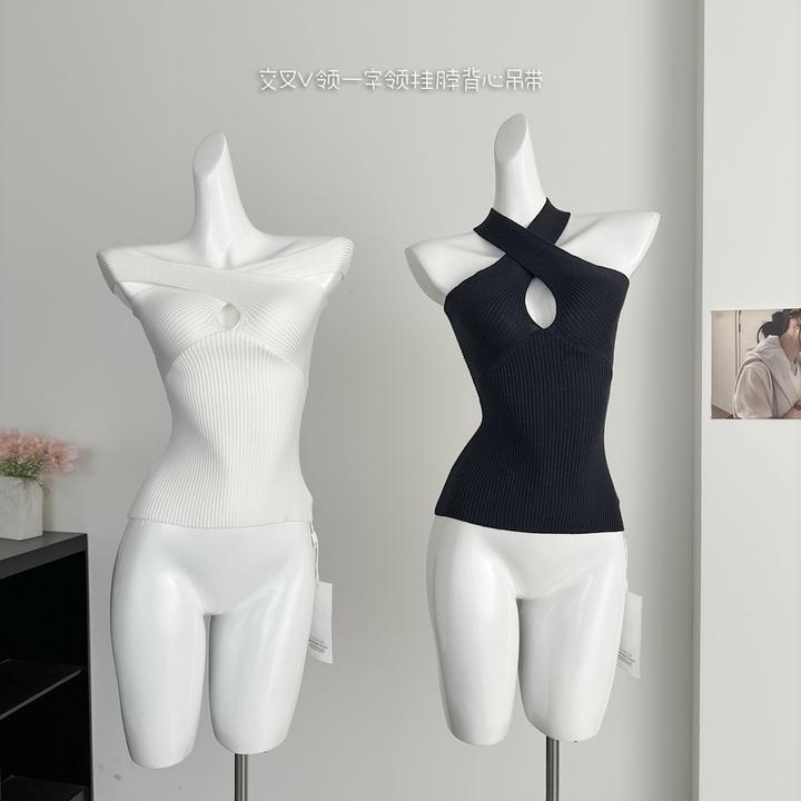 CHEISLY 2025年新款轻熟气质交叉V领一字领挂脖背心吊带上衣女装