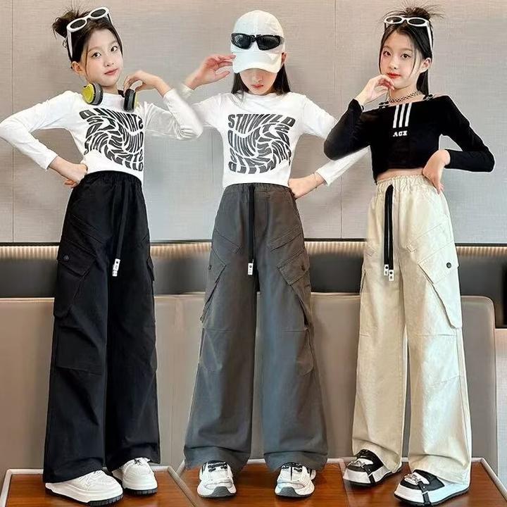 女童工装裤春秋大童纯棉时髦洋气阔腿裤女孩秋装运动宽松儿童裤子