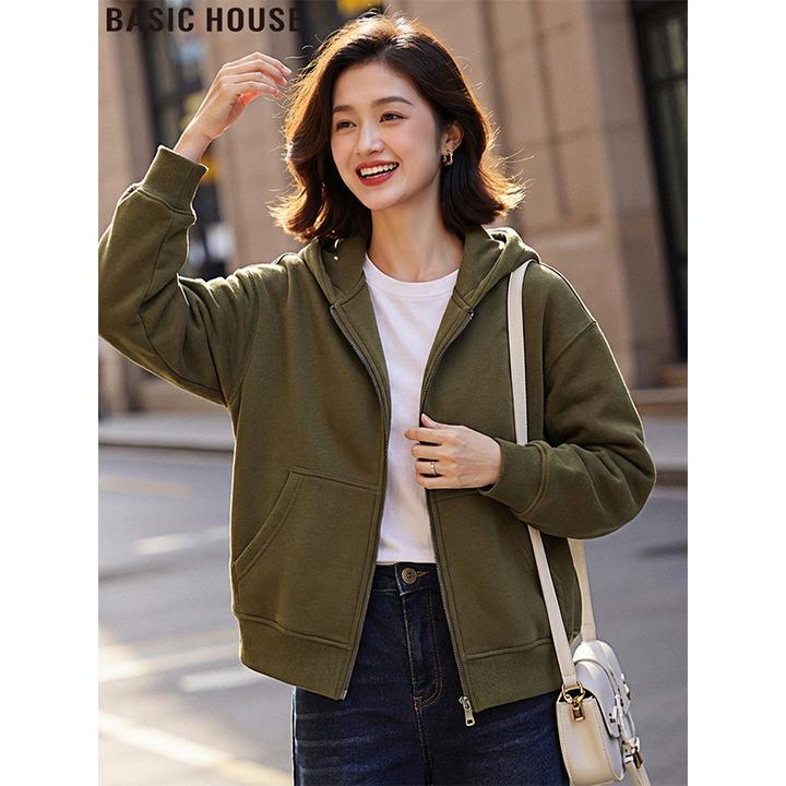 Basic House/百家好绿色连帽卫衣外套加绒加厚开衫上衣女2025冬季