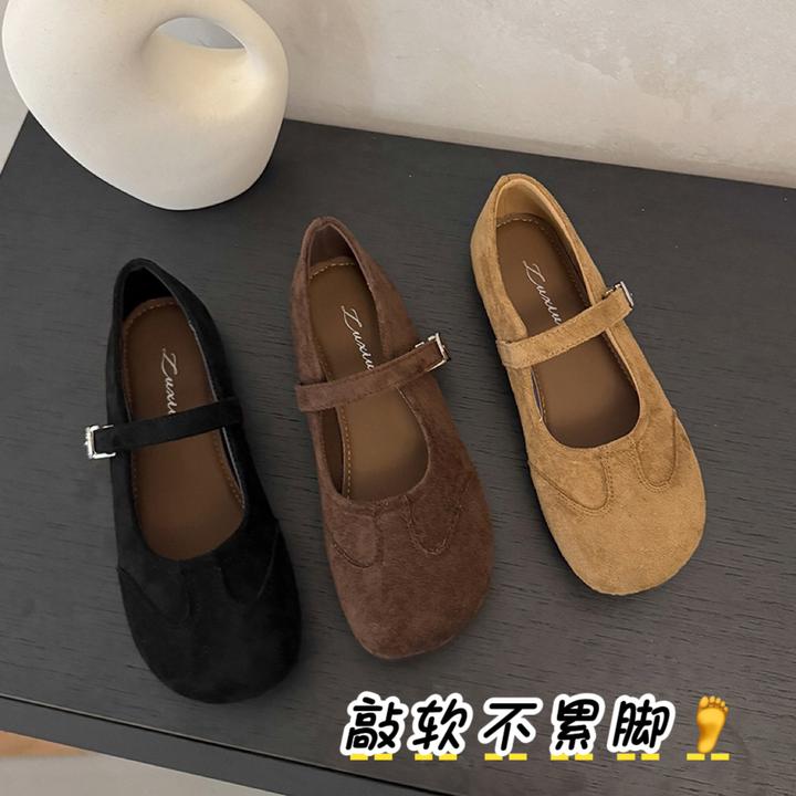 绒面玛丽珍鞋女轻便平底时尚一字扣浅口单鞋春秋季豆豆鞋通勤百搭