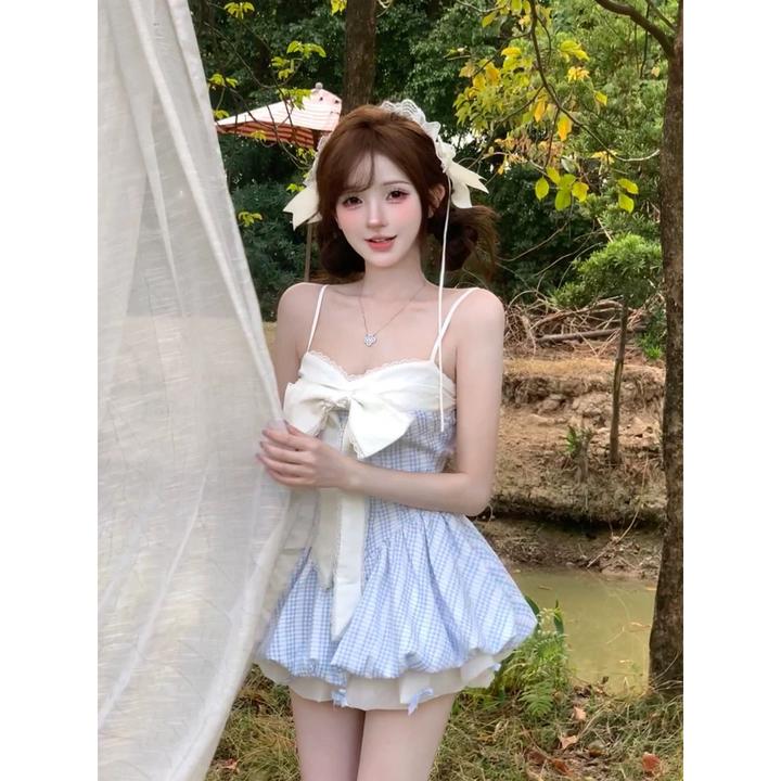 法式甜美纯欲风蝴蝶结蓬蓬连衣裙女2025春夏新款公主拼接吊带短裙