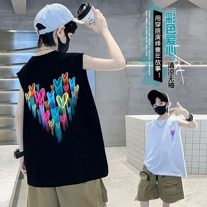 夏季童男纯棉薄款动漫帅气圆领无袖童装背心外穿儿童透气中大童