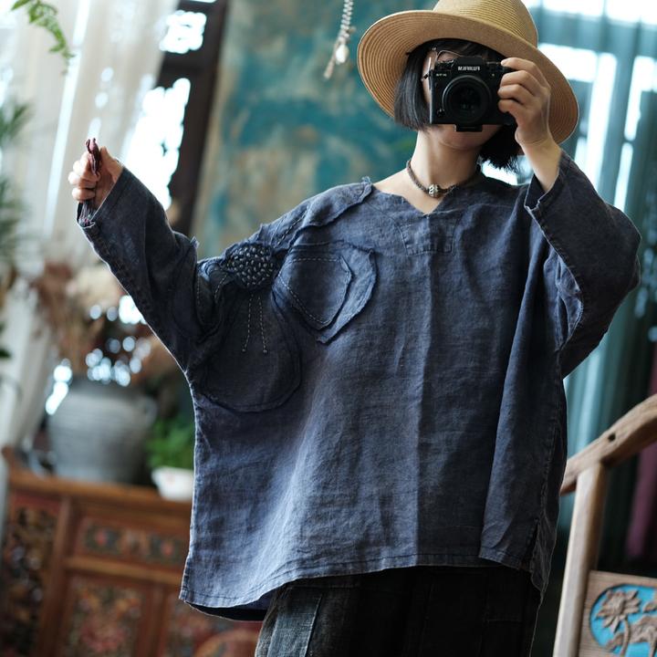 小泥姑娘原创设计文艺复古做旧雪花洗苎麻宽松小众宽松外套2177兰