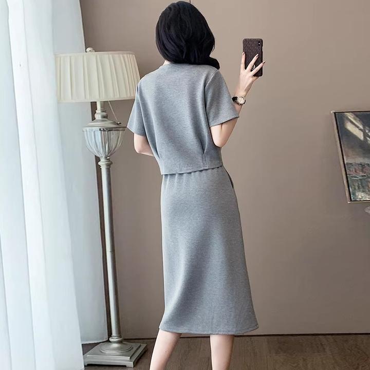 043高端串珠印花短袖半身裙时尚套装女夏新款一整套ootd穿搭洋气