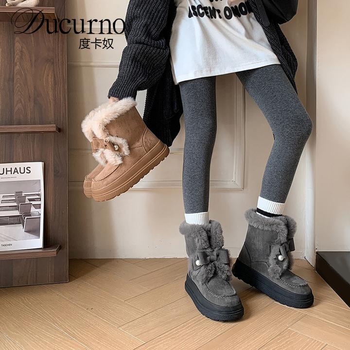DUCURNO公主风时尚休闲小短靴女加绒加厚雪地靴户外穿东北大棉靴
