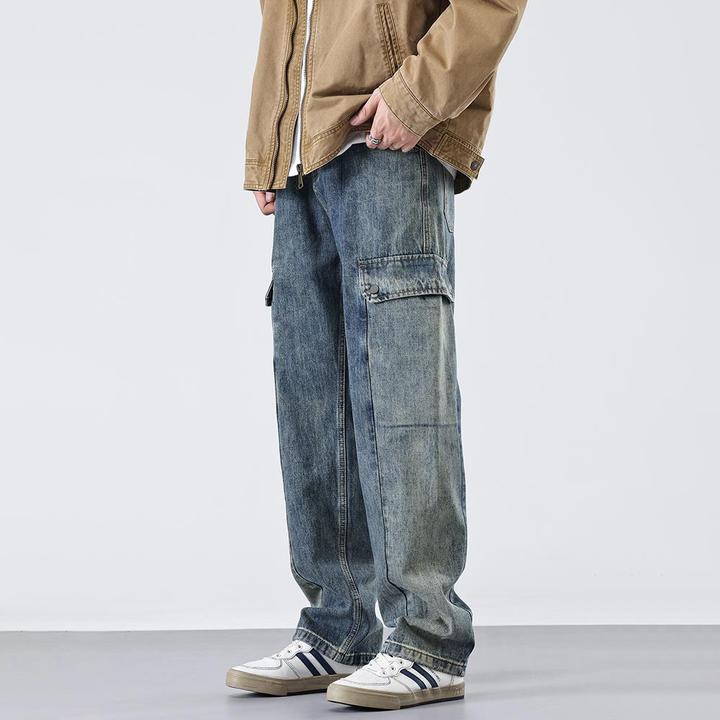 秋冬水洗复古牛仔裤男款宽松爆款多口袋直筒裤潮牌阔腿垂感工装裤
