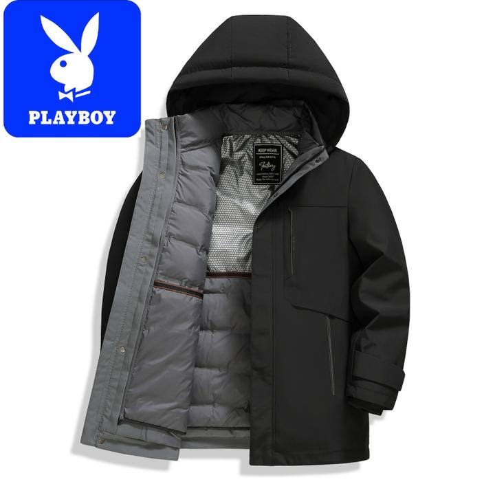 花花公子冬装男士加厚羽绒服中长款可脱卸内胆防寒爸爸鹅绒服外套