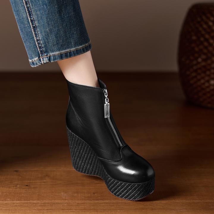 10.5cm小众设计厚底坡跟短靴真皮马丁靴前拉链鬼帝靴黑色短筒单靴