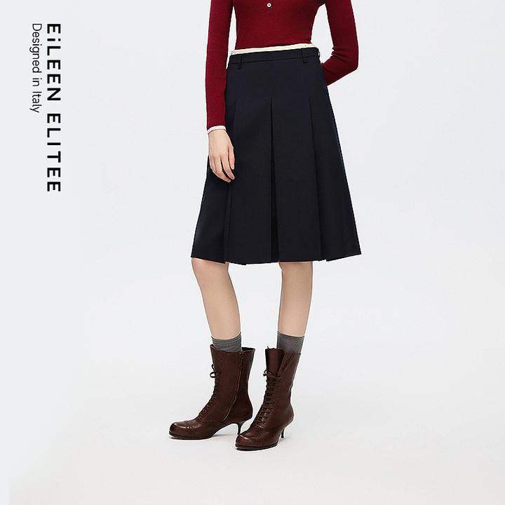 朗姿欧洲EiLEEN ELITEE羊毛半身裙高腰A摆压褶2025年秋季新款