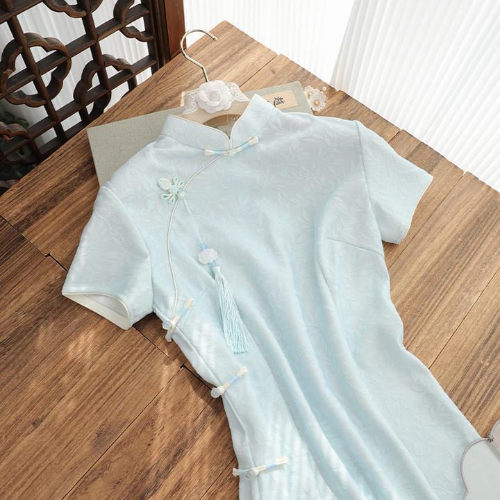 俏娘鱼旗袍裙子女款爆款2025新款中国风蓝色淑女范短袖日常新中式