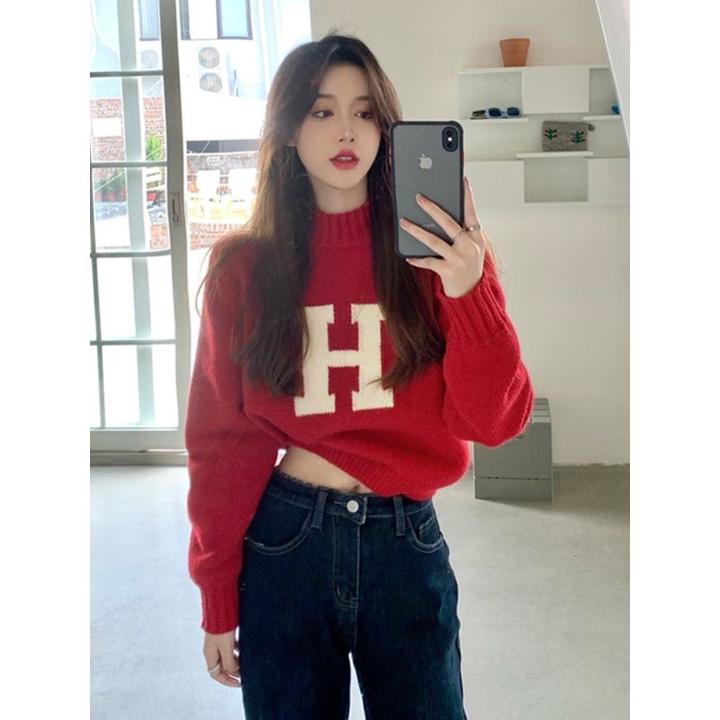 新款字母提花大码女秋冬单穿毛衣外穿胖妹妹宽松慵懒风短款衫上衣