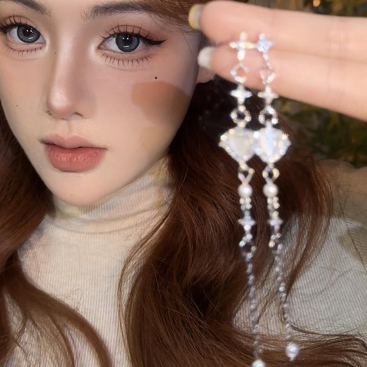 合金耳饰 超仙星星·爱心贝母珠珠长流苏耳饰精致甜美超闪时尚饰品