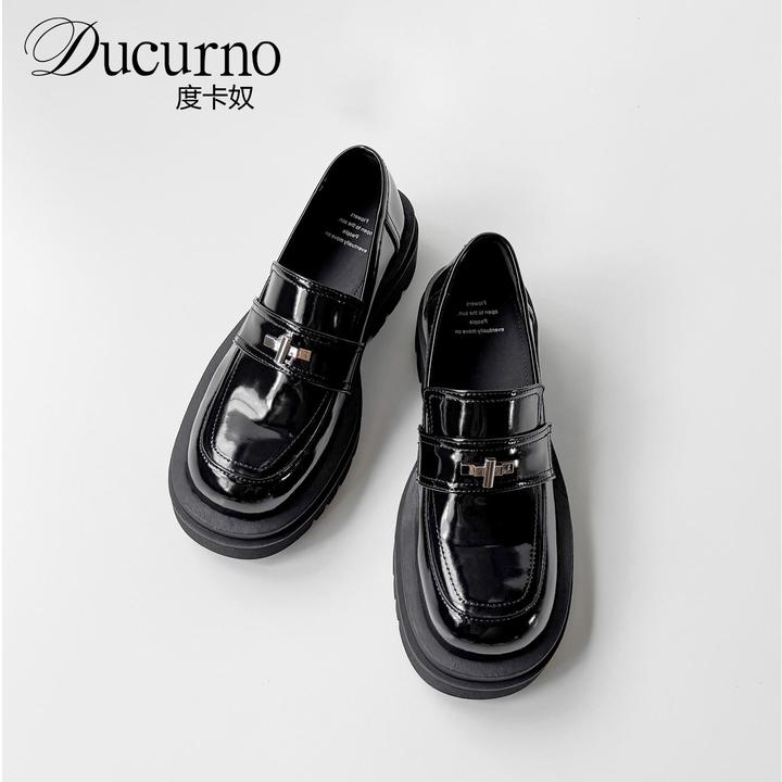 DUCURNO英伦风黑色小皮鞋一脚蹬乐福鞋女小个子时尚厚底深口单鞋