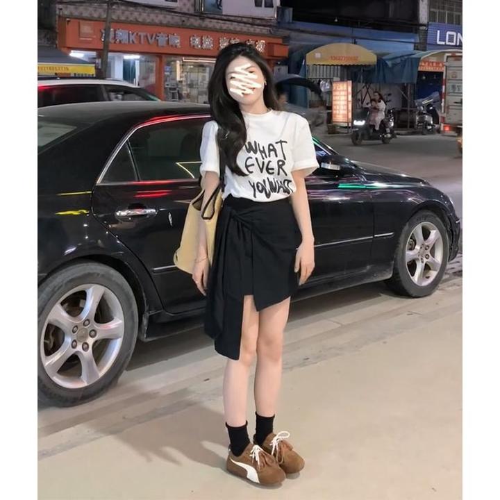 2025夏季时尚洋气休闲服短袖印花上衣不规则高腰显瘦A字半身裙