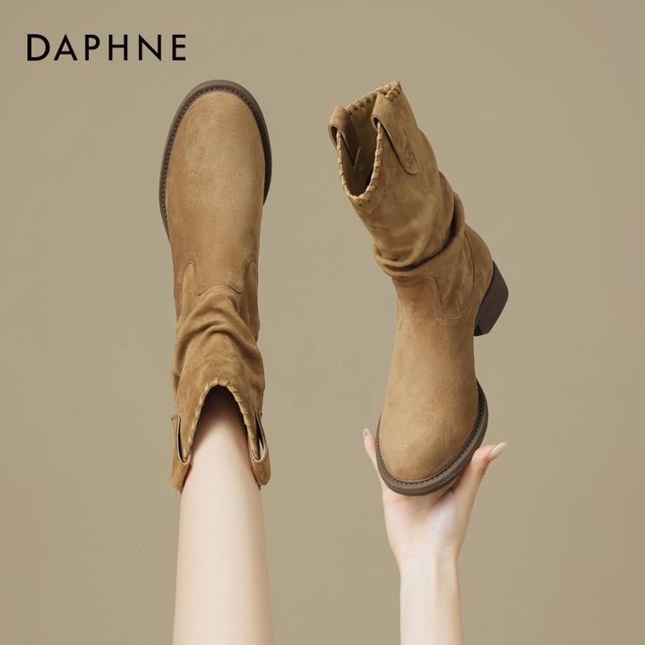 达芙妮美拉德短靴女2025秋季新款复古马丁靴厚底堆堆靴驼色西部靴