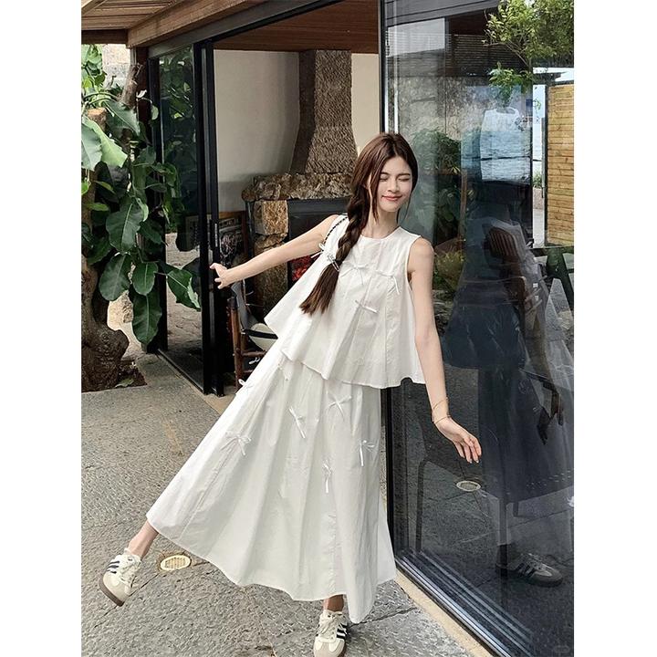 2024夏季新款法式气质显瘦蝴蝶结设计感无袖上衣女高腰显瘦大摆裙