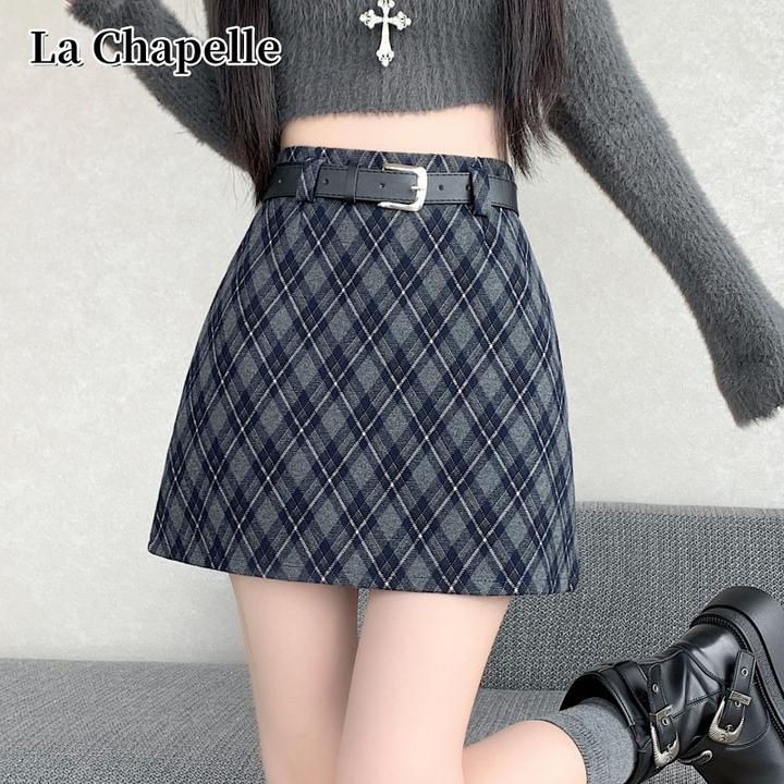 拉夏贝尔秋冬美式辣妹复古格纹防走光毛呢a字半身短裙女款配腰带