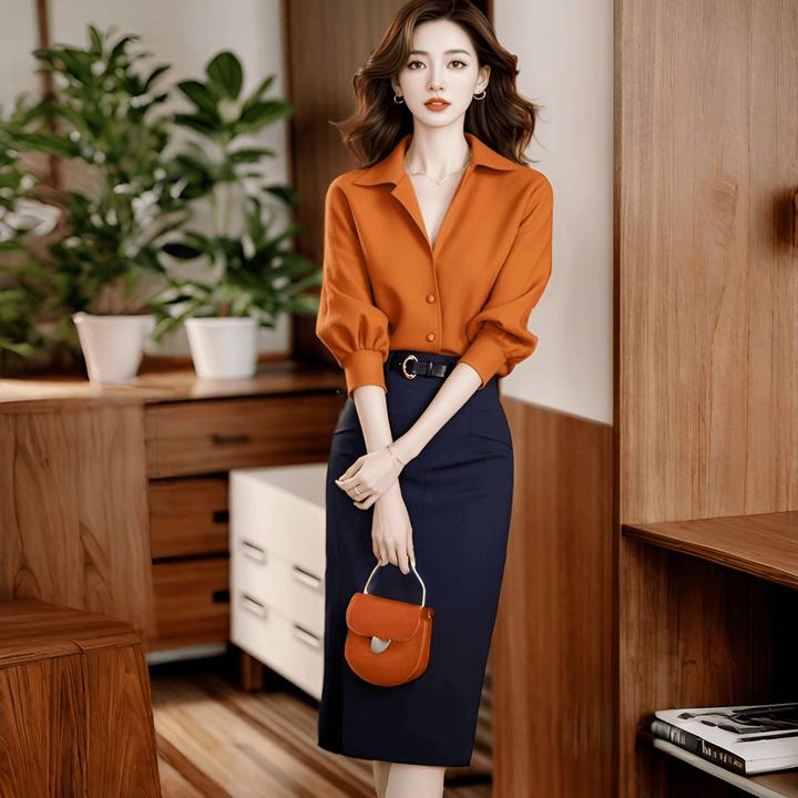 秋季气质穿搭一整套炸街减龄时尚高级感显白橘色衬衫半身裙套装女