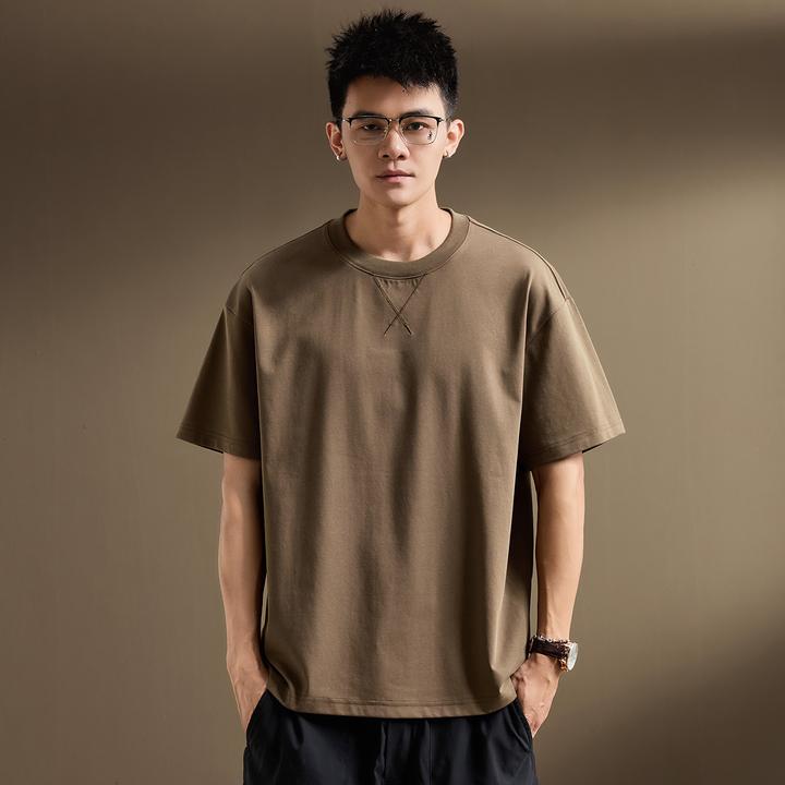 日系复古纯色潮流简约短袖T恤男夏季新款宽松百搭圆领五分袖上衣